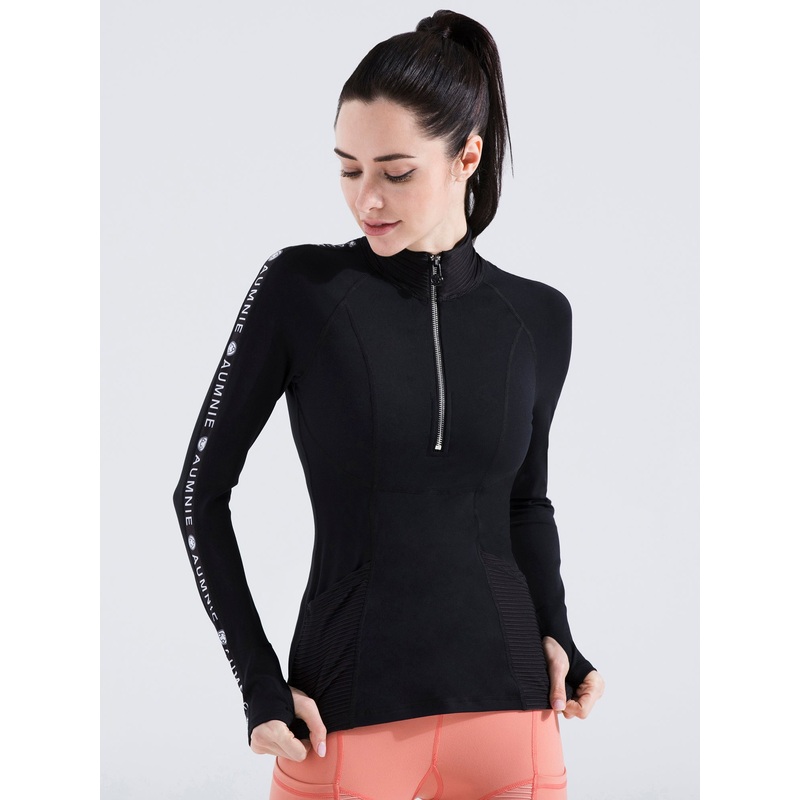 HALF ZIP LOGO TOP, BLACK