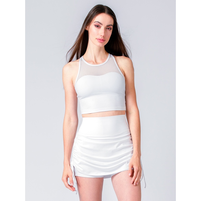 LABRYINTH CROPPED TANK, WHITE/WHITE MESH