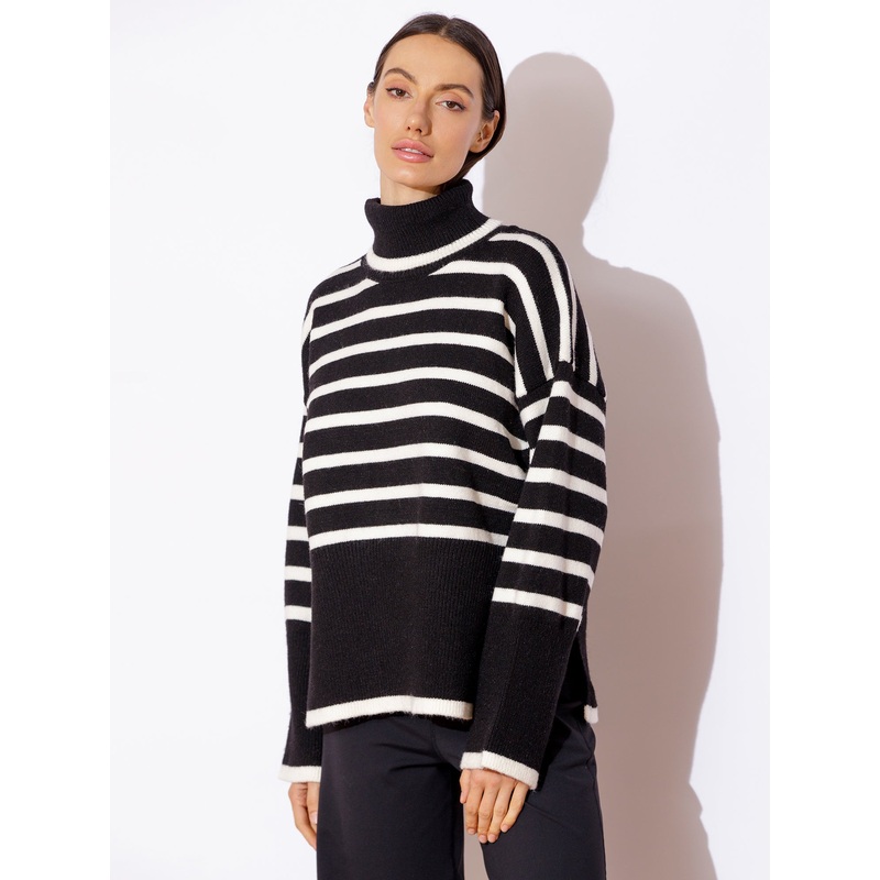 RELAXED STRIPED TURTLENECK SWEATER, BLACK/WHITE