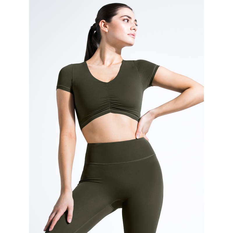 RUCHED NUDE TEE, DARK GREEN