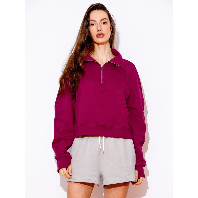 COLLARED HALF ZIP RELAXED SWEATSHIRT, WILDBERRY
