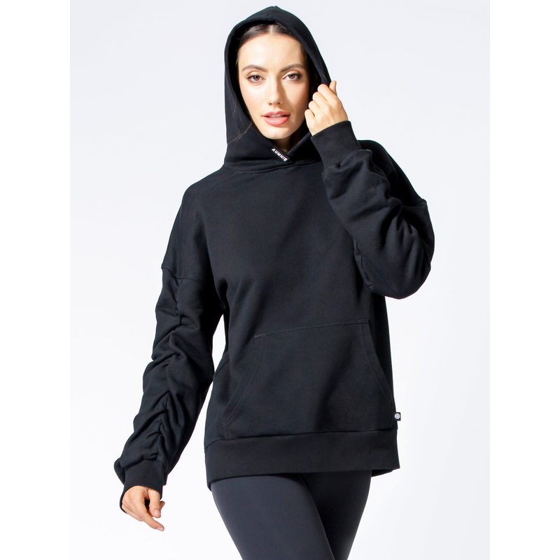 RUCHED RUNWAY HOODIE, BLACK