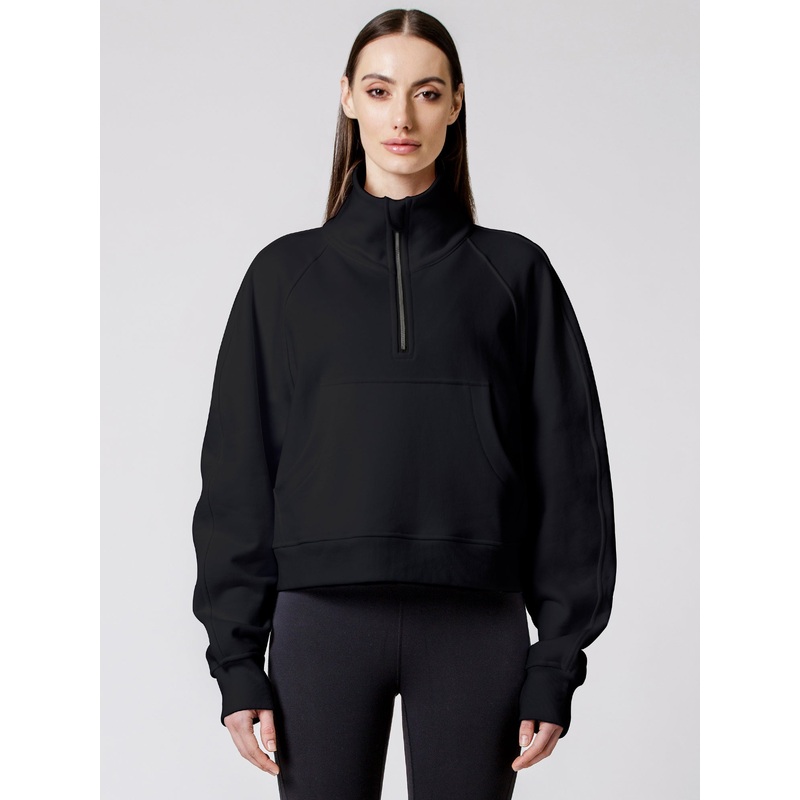 COLLARED HALF ZIP RELAXED SWEATSHIRT, BLACK