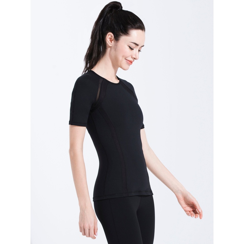 PLEATED MESH TEE, BLACK