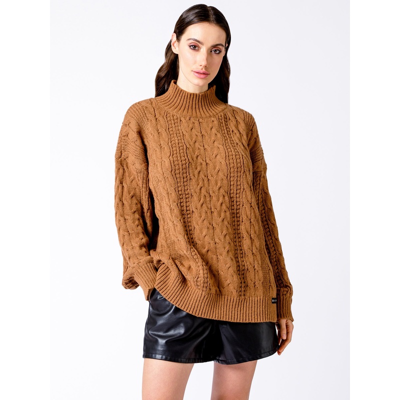 VINTAGE MOCK NECK OVERSIZED CABLE KNIT SWEATER, CARAMEL