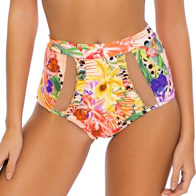 SHOCKING FLORALS – Ruffle Mesh Divided High Leg Banded Waist Bottom