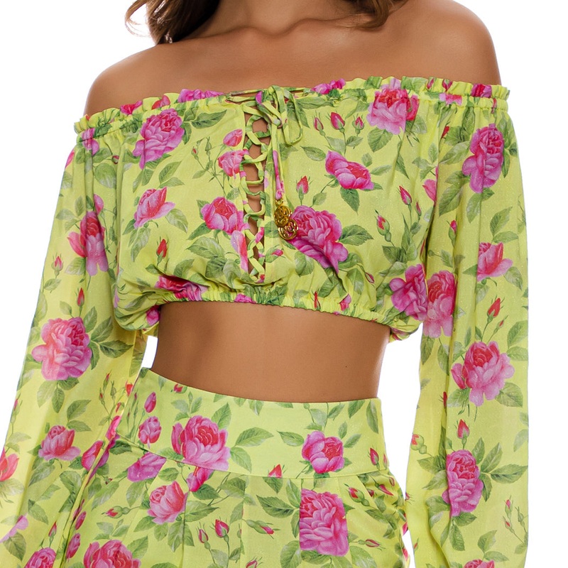 TI AMO – Ruffle Laced Up Open Shoulders Crop Top