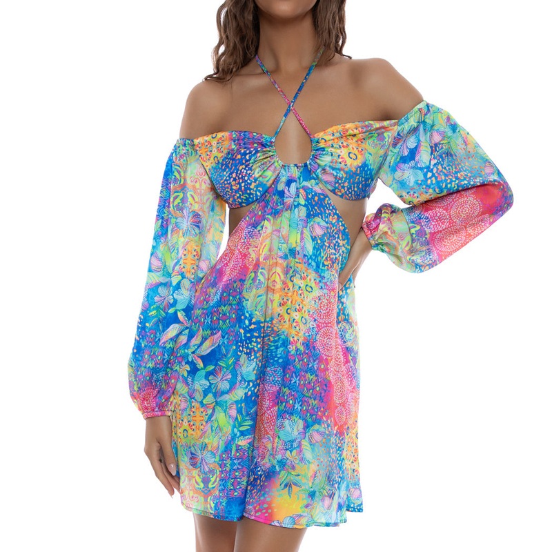 DECO GARDENS – Halter Long Sleeve Cut Out Short Dress