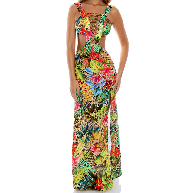 LUSH HORIZONS – Laced Up Plunging V Neck Maxi Dress