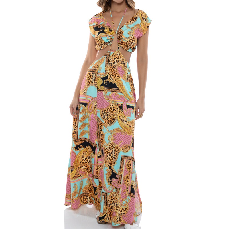 MIAMI DAYDREAM – Halter Drawstring Cut Out Maxi Dress