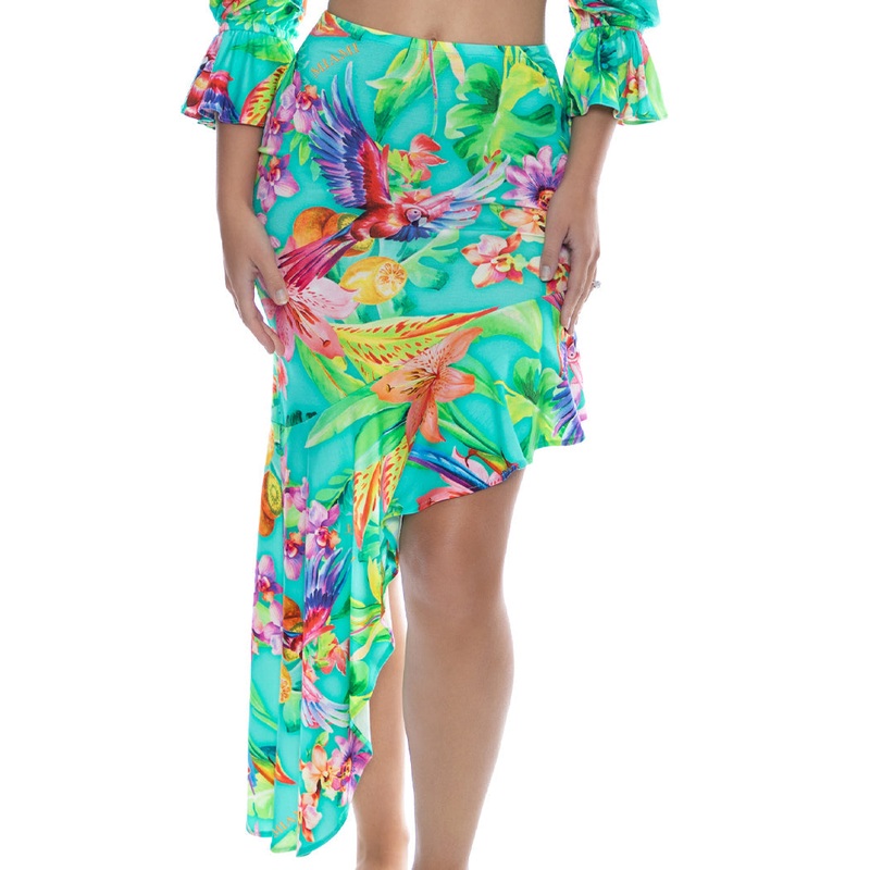 CARIBBEAN FANTASY – Asymmetrical Ruffle Trim Midi Skirt