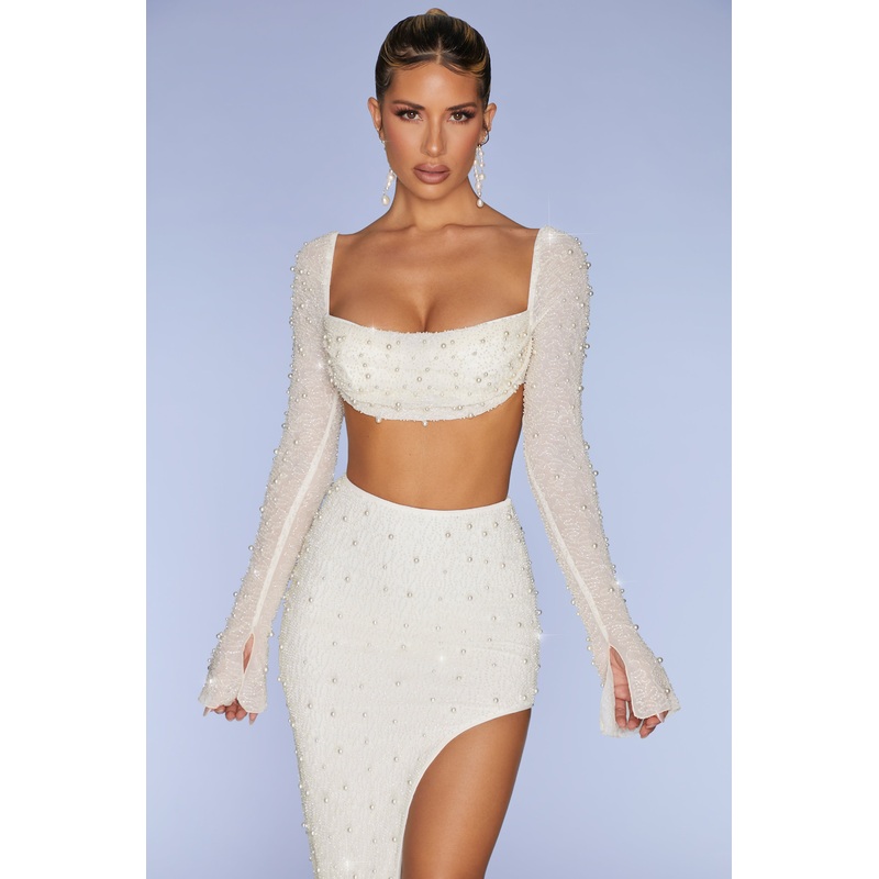 Embellished Cowl Neck Crop Top in Ivory