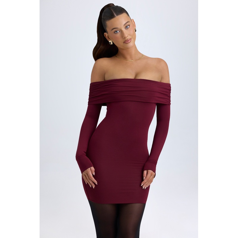 Modal Off-Shoulder Mini Dress in Wine Red