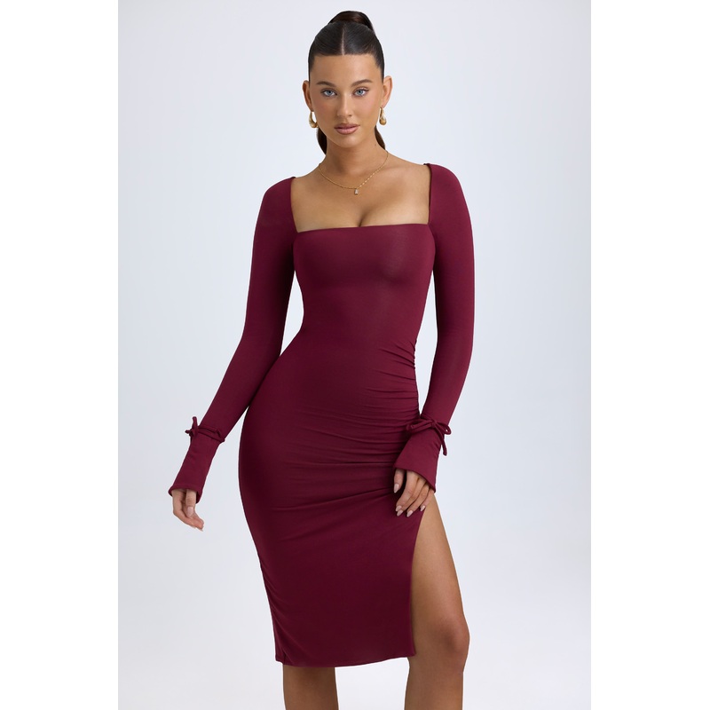 Modal Square-Neck Midi Dress in Wine Red
