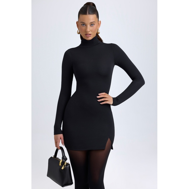 Modal Turtleneck Mini Dress in Black