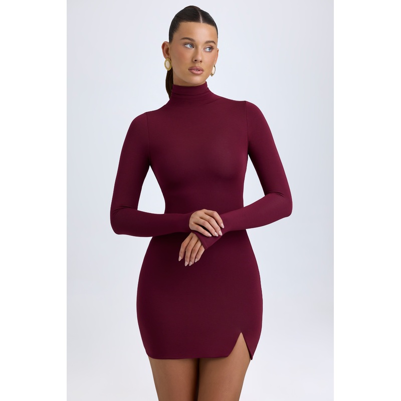 Modal Turtleneck Mini Dress in Wine Red