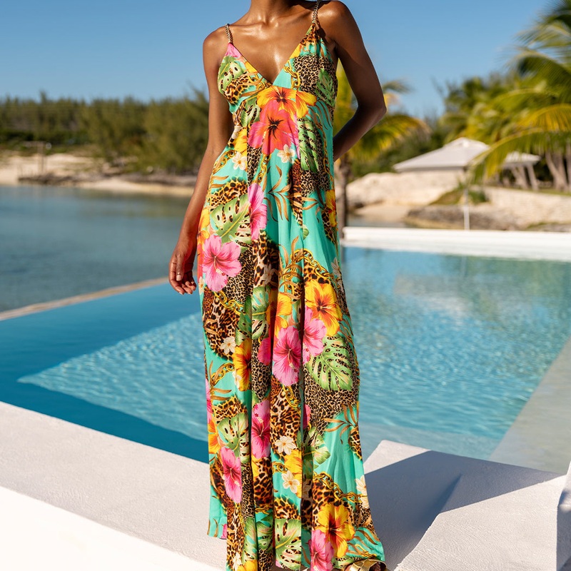 VISIONS OF PARADISE – Chain Bralette Side Slit Maxi Dress