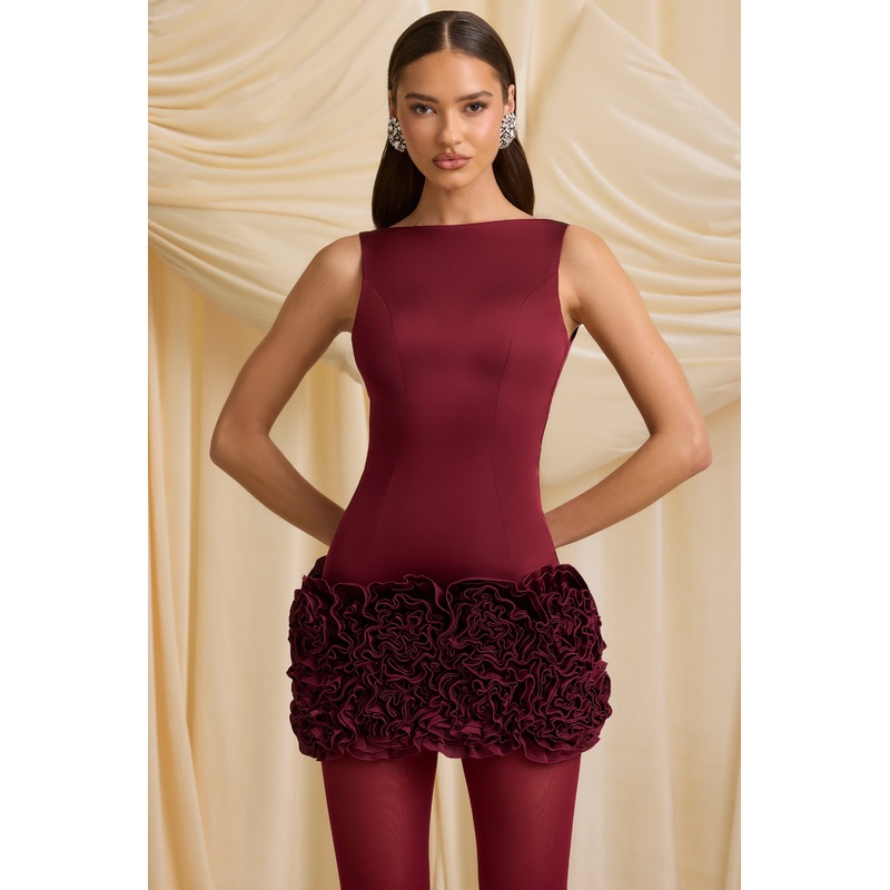 Appliqu Open-Back Mini Dress in Wine Red