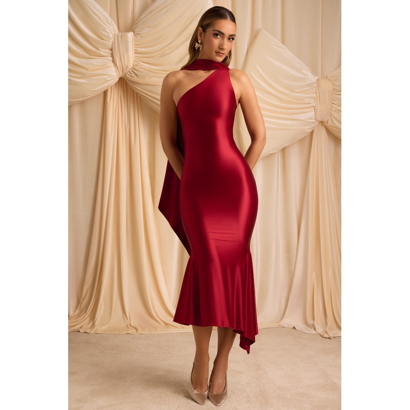 Asymmetric Scarf-Detail Midaxi Dress in True Red