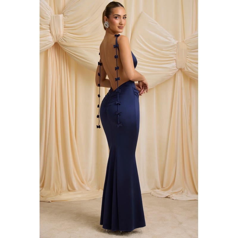 Bow-Detail Draped Open-Back Gown in True Navy