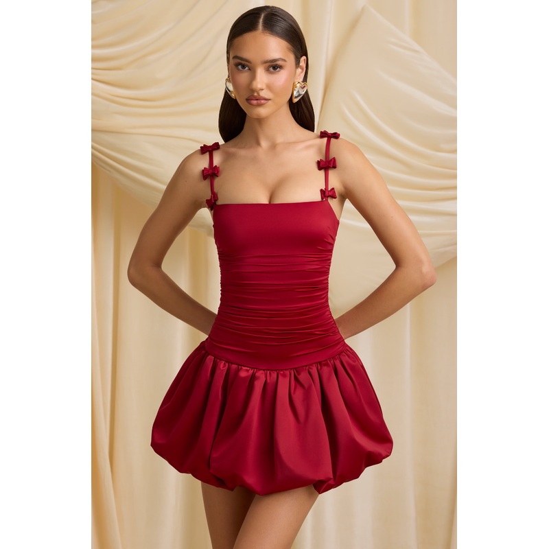 Bow-Detail Ruched Bubble Hem Mini Dress in True Red