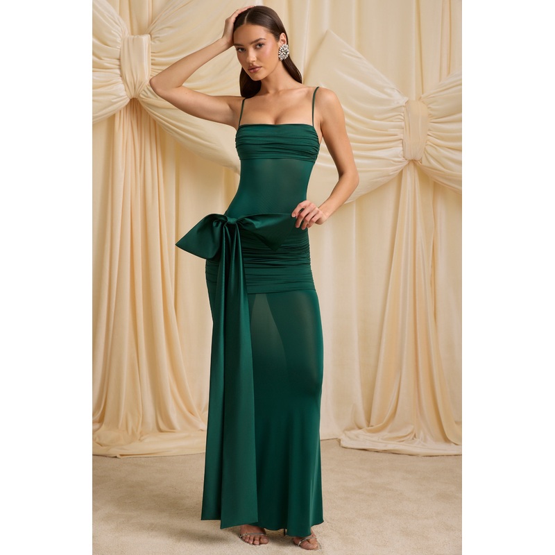 Bow-Detail Ruched Maxi Dress in Emerald Green