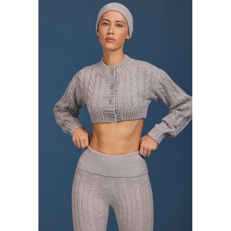 Cable-Knit Cropped Cardigan in Grey Marl