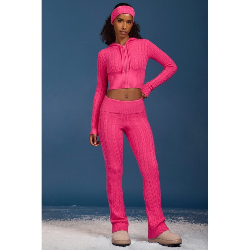 Cable-Knit Flared Trousers in Hot Pink