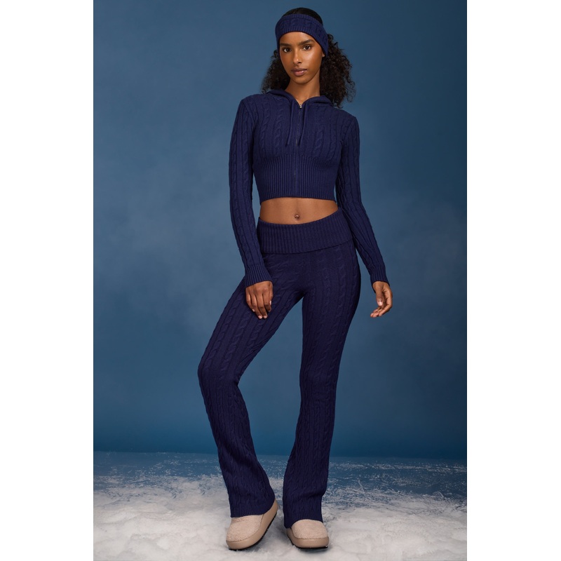 Cable-Knit Flared Trousers in Navy