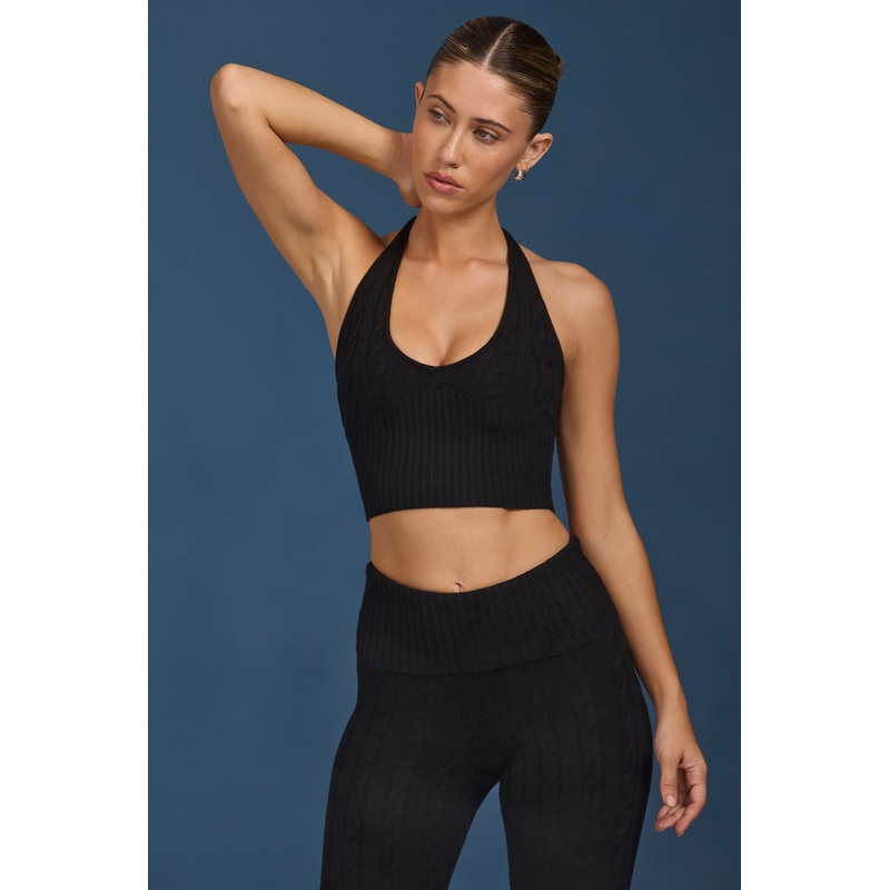 Cable-Knit Halterneck Crop Top in Black