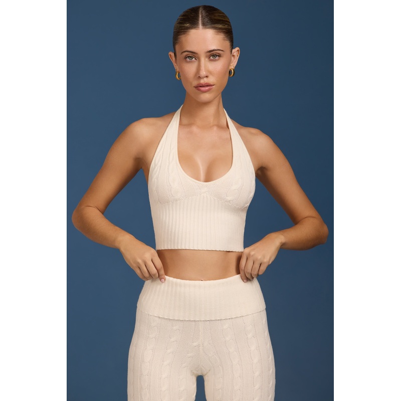 Cable-Knit Halterneck Crop Top in Cream