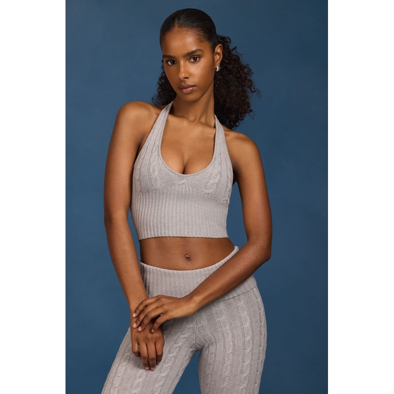 Cable-Knit Halterneck Crop Top in Grey Marl