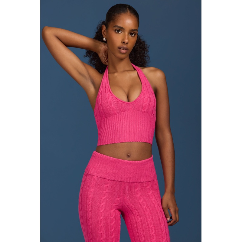 Cable-Knit Halterneck Crop Top in Hot Pink