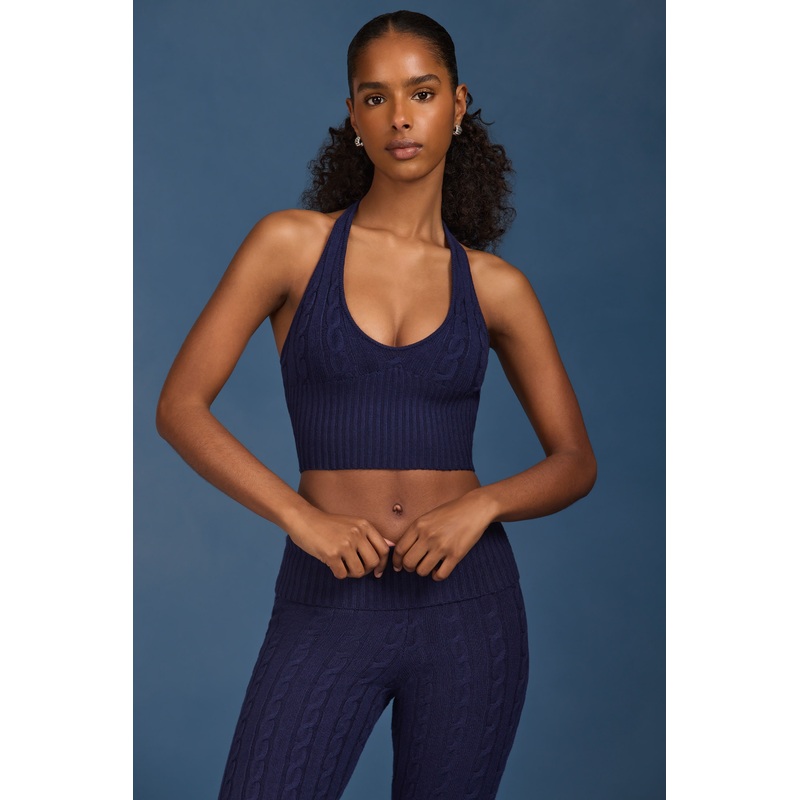 Cable-Knit Halterneck Crop Top in Navy