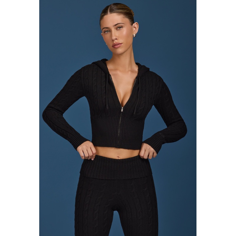 Cable-Knit Zip-Up Hoodie in Black