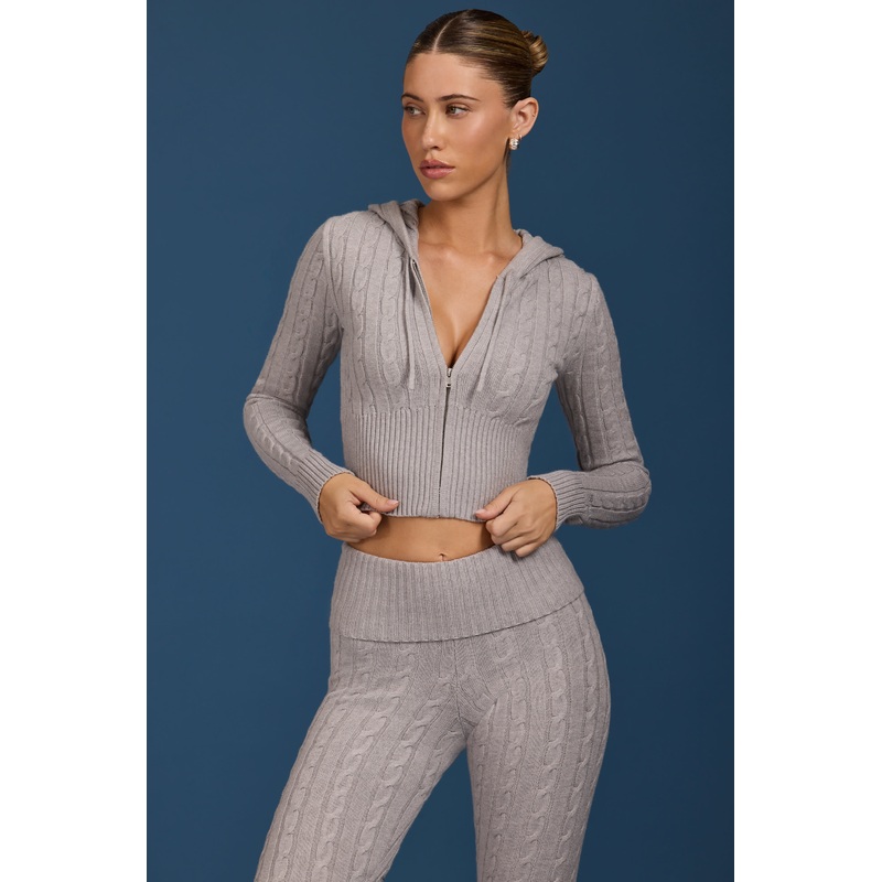 Cable-Knit Zip-Up Hoodie in Grey Marl