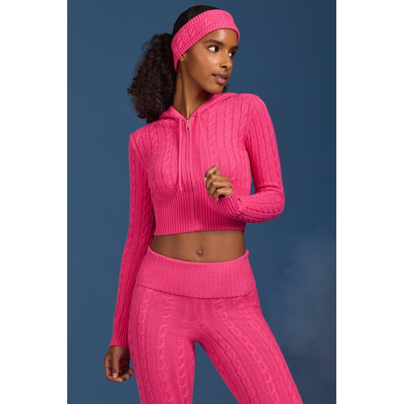 Cable-Knit Zip-Up Hoodie in Hot Pink