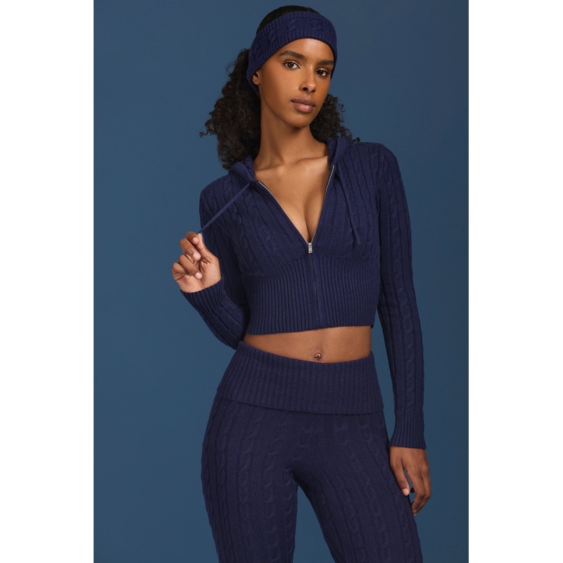 Cable-Knit Zip-Up Hoodie in Navy
