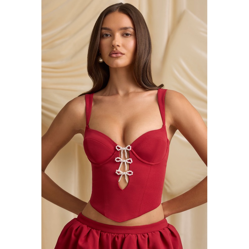 Cut-Out Bow-Detail Corset Top in True Red