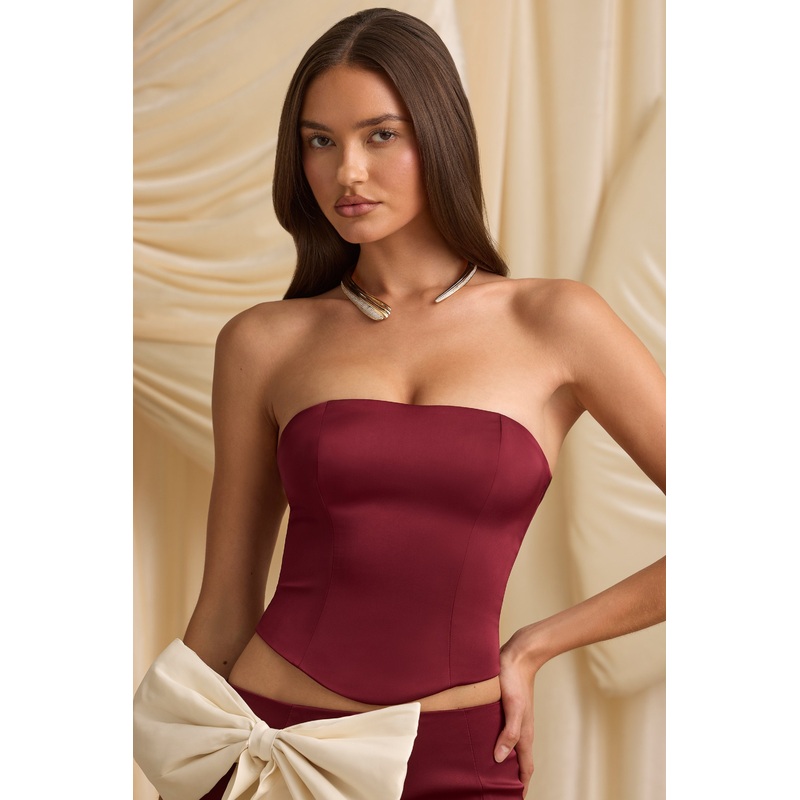 Cut-Out Bow-Detail Corset Top in Wine Red