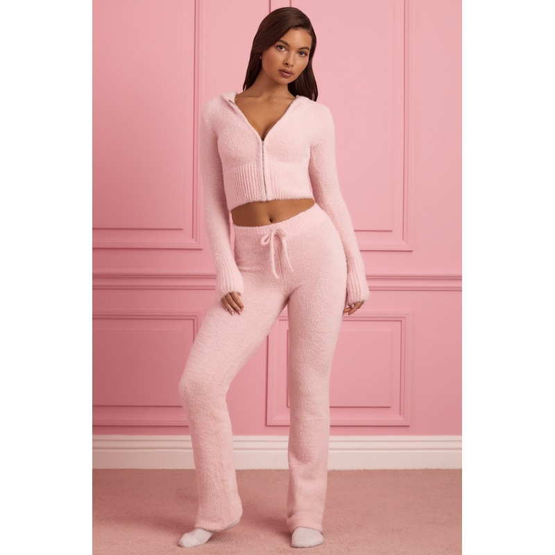 Fluffy Knit Wide-Leg Trousers in Baby Pink