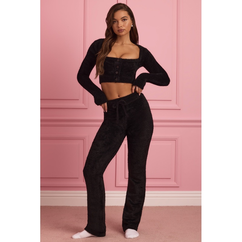 Fluffy Knit Wide-Leg Trousers in Black