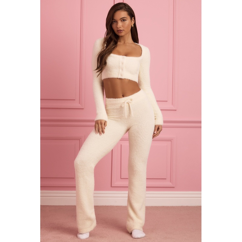 Fluffy Knit Wide-Leg Trousers in Ivory