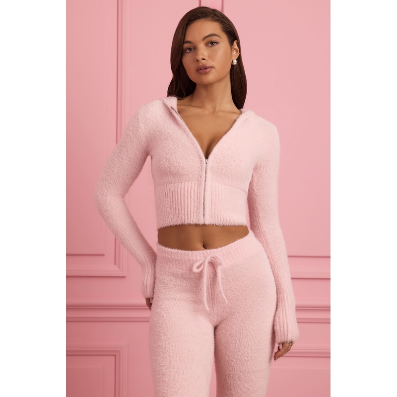 Fluffy Knit Zip-Up Hoodie in Baby Pink