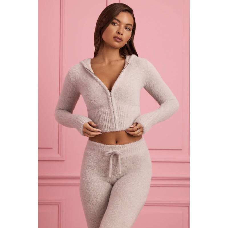 Fluffy Knit Zip-Up Hoodie in Cloud Grey