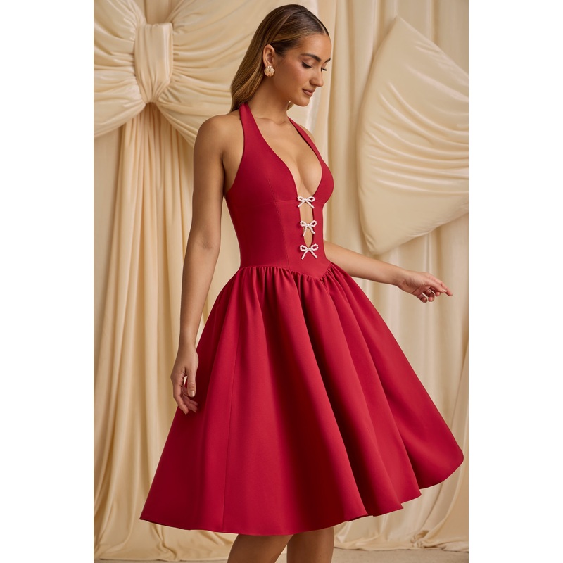 Halterneck Bow-Detail Midi Dress in True Red