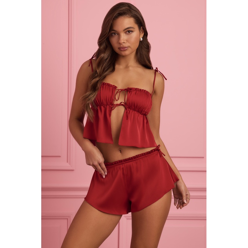Mid-Rise Flared Shorts in Ruby Red