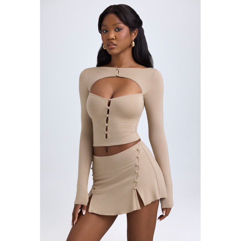 Modal Cut-Out Button-Detail Top in Taupe