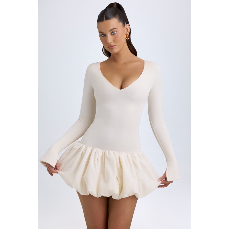 Modal Drop-Waist Bubble Hem Mini Dress in Ivory