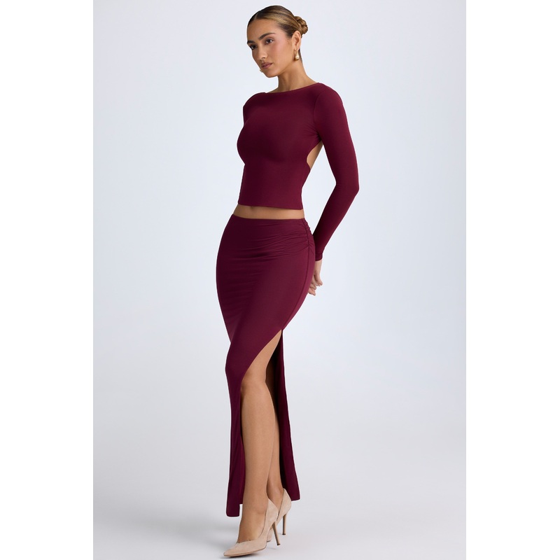 Modal Low-Rise Maxi Skirt in Wine Red